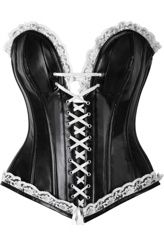 Top Drawer Black Faux Leather & White Lace Trim Steel Boned Corset