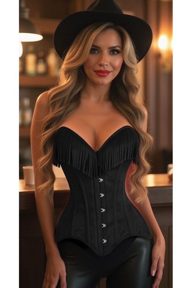 Daisy Corsets Top Drawer Black Suede Steel Boned Overbust Corset w/Fringe