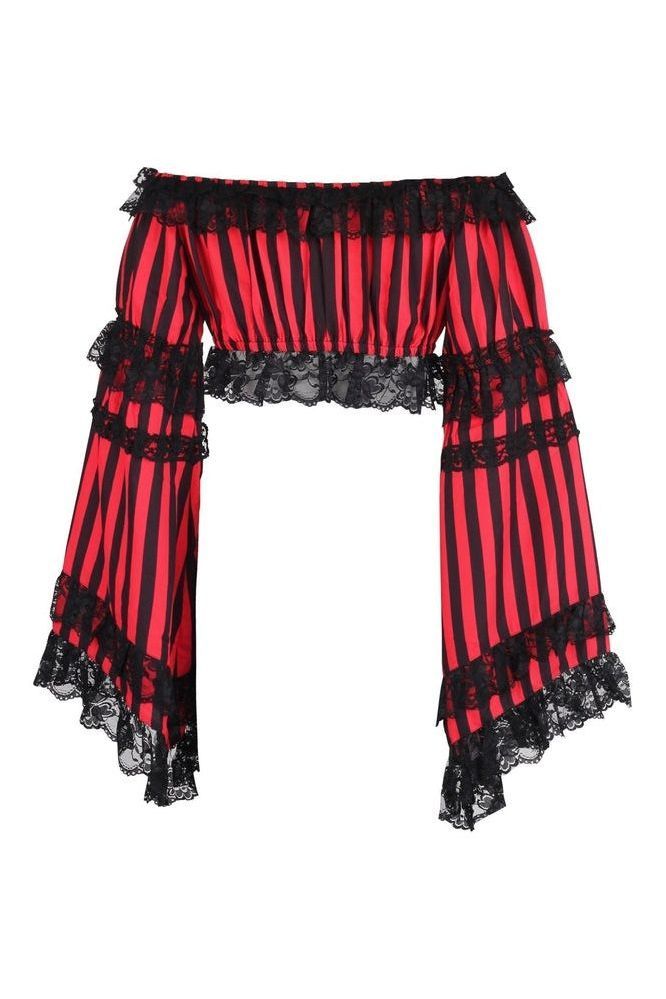 Red/Black Brocade Smocked Flare Sleeve Peasant Top main image 1