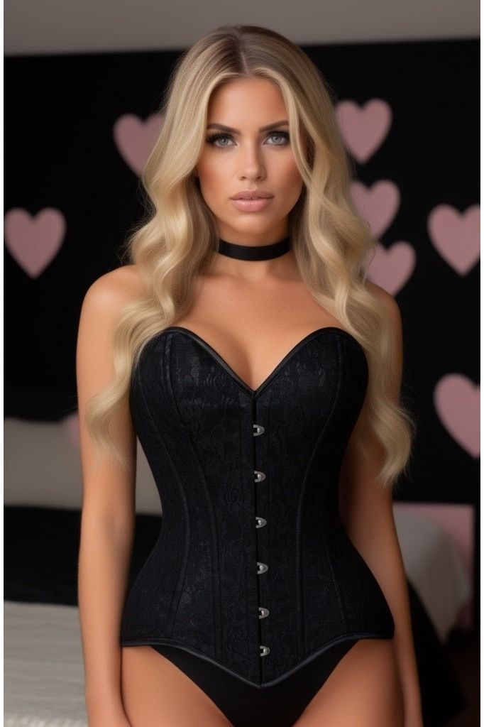Lavish Black Satin Overbust Corset w/Busk Closure