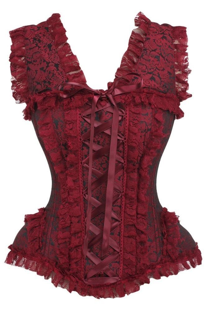 Red Wine Zipper Front Steel Boned Corset Top main image 1
