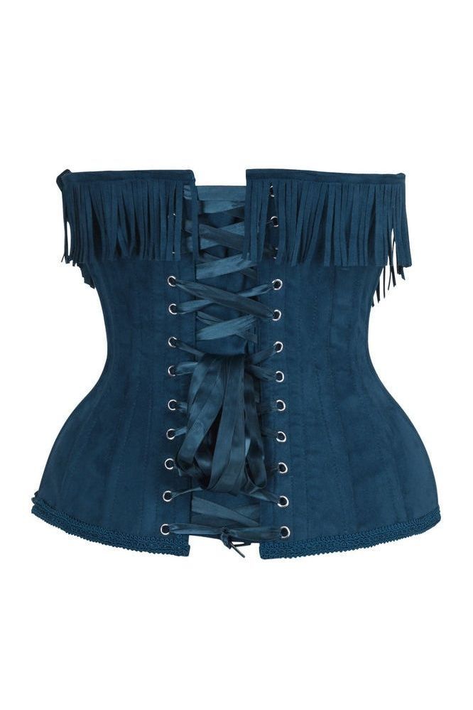 Top Drawer Steel Boned Light Blue Denim Underwire Underbust Corset Cincher w/Fringe