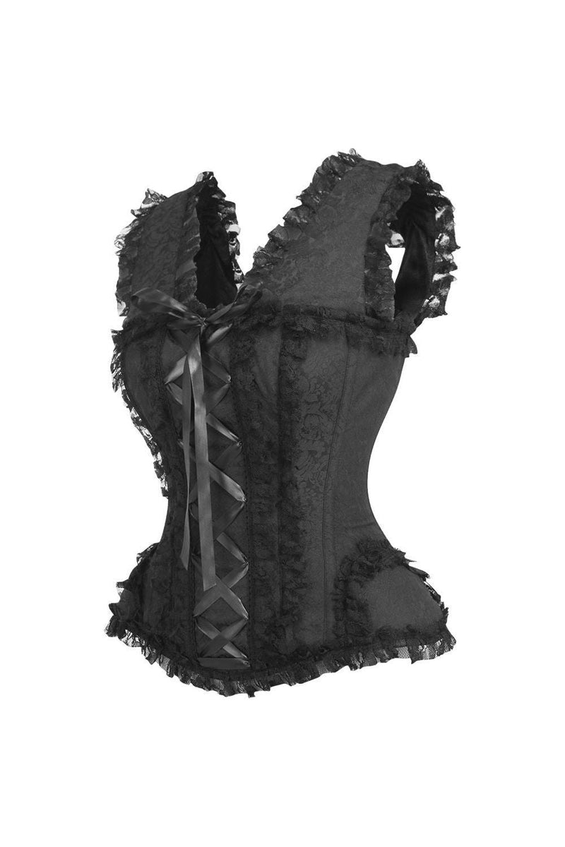 Daisy Corsets Top Drawer Black Brocade & Lace Steel Boned Corset w/Cap