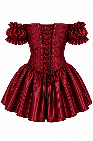 Top Drawer Dark Red Wine Brocade & Silk Steel Boned Corset Dress w/Sleeves