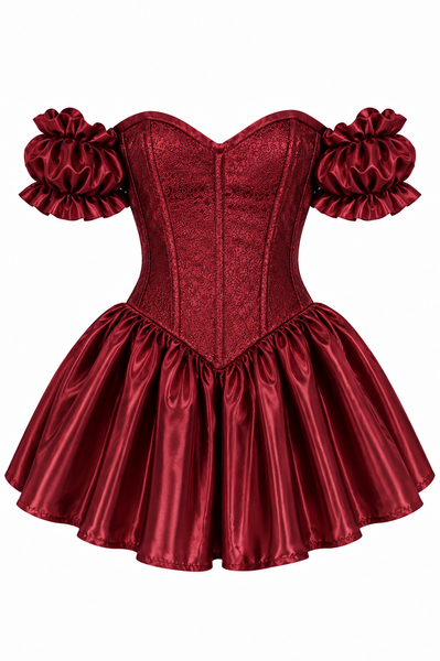 Top Drawer Dark Red Wine Brocade & Silk Steel Boned Corset Dress w/Sleeves