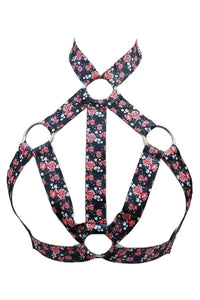 Floral Print Stretchy Body Harness w/Silver Hardware