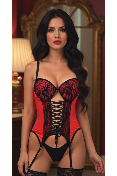 Lavish Red/Black Lycra & Lace Hook & Eye Lace-Up Bustier Corset w/Garters