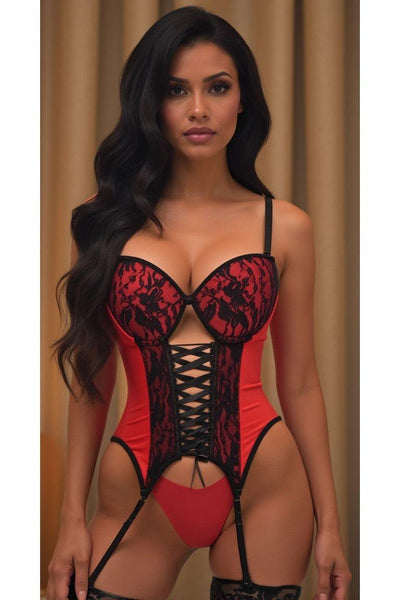 Lavish Red/Black Lycra & Lace Hook & Eye Lace-Up Bustier Corset w/Garters