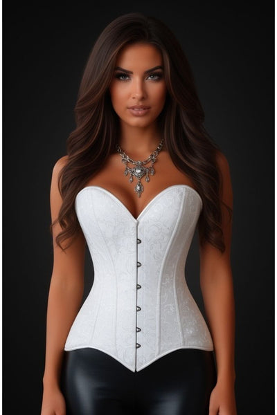 Lavish White Brocade Overbust Corset W/Busk Closure