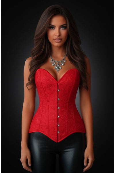 Lavish Red Brocade Overbust Corset W/Busk Closure