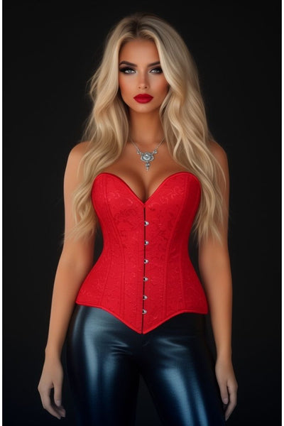 Lavish Red Brocade Overbust Corset W/Busk Closure