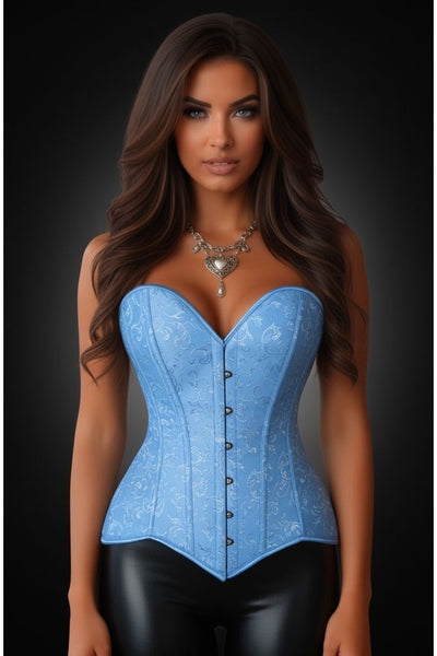 Lavish Lt Blue Brocade Overbust Corset W/Busk Closure