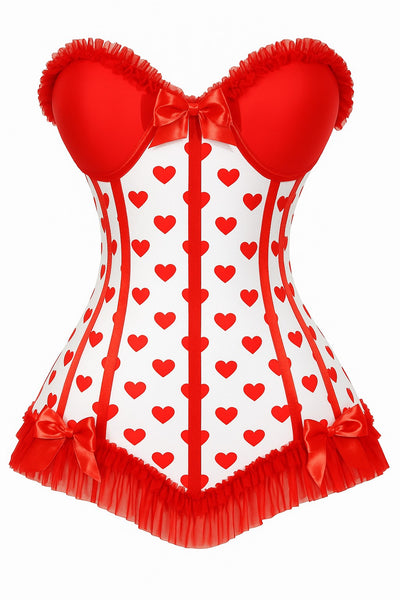 (PRE-ORDER) Lavish White & Red Hearts Lycra Hook & Eye Back Closure Bustier