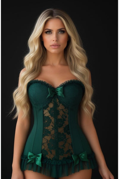 Lavish Dark Green Lycra & Lace Hook & Eye Stretch Bustier Corset