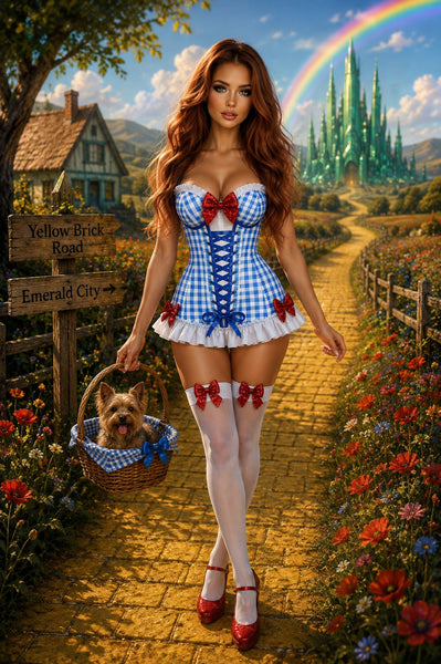 PRE-ORDER Lavish Blue Gingham w/Red Sequin Bows Stretch Lycra Bustier Corset with Underwire Cups