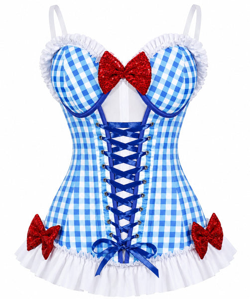 PRE-ORDER Lavish Blue Gingham w/Red Sequin Bows Stretch Lycra Bustier Corset with Underwire Cups