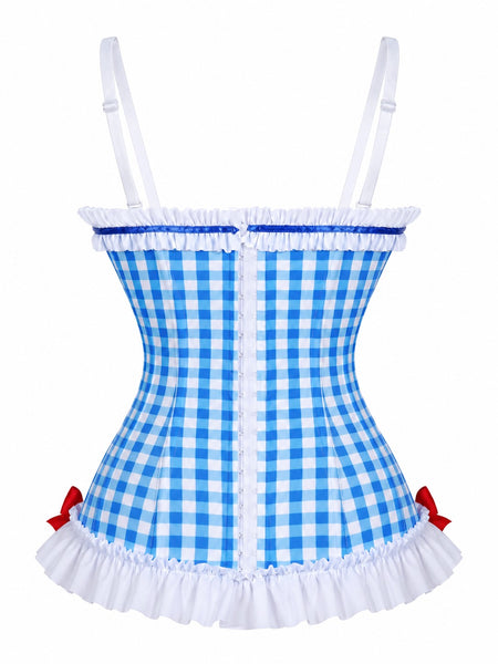 PRE-ORDER Lavish Blue Gingham w/Red Sequin Bows Stretch Lycra Bustier Corset with Underwire Cups