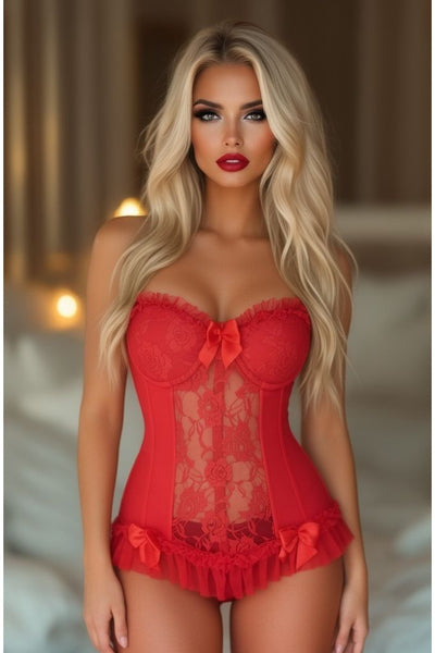 Lavish Red Lycra & Lace Hook & Eye Stretch Bustier Corset