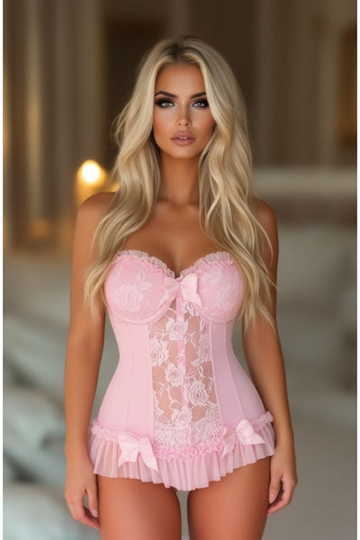 Lavish Lt Pink Lycra & Lace Hook & Eye Stretch Bustier Corset