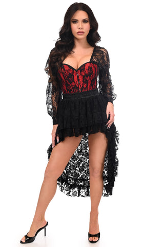 Top Drawer 2 PC Red/Black Lace Steel Boned Corset & Lace Skirt Set