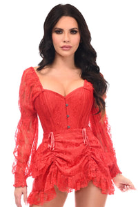 Top Drawer 2 PC Red Lace Steel Boned Corset & Skirt Set