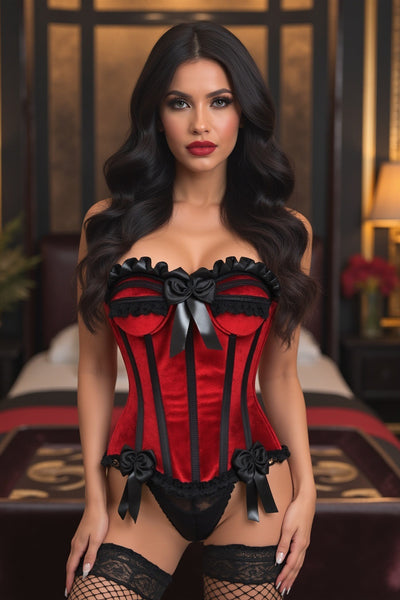 Top Drawer Dark Red Velvet Steel Boned Burlesque Corset