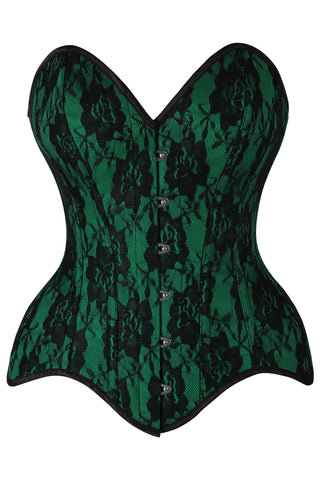 Top Drawer Green Satin w/Black Lace Overlay Steel Boned Overbust Corset