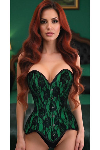 Top Drawer Green Satin w/Black Lace Overlay Steel Boned Overbust Corset