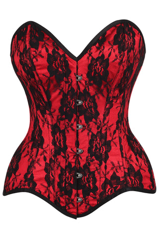 Top Drawer Red Satin w/Black Lace Overlay Steel Boned Overbust Corset