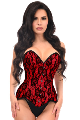 Top Drawer Red Satin w/Black Lace Overlay Steel Boned Overbust Corset