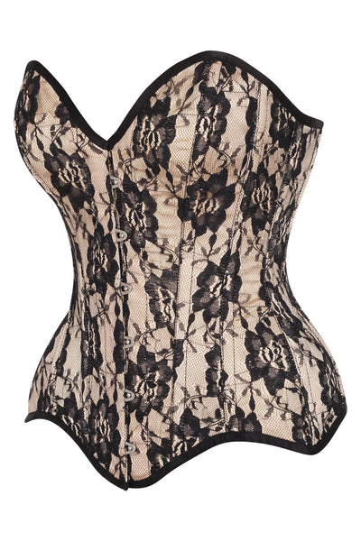 Top Drawer Nude Satin w/Black Lace Overlay Steel Boned Overbust Corset