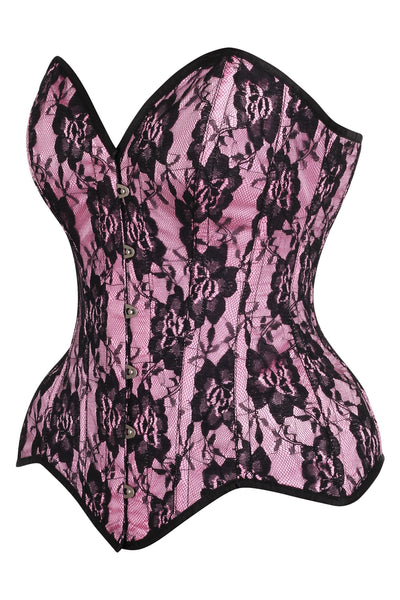 Top Drawer Pink Satin w/Black Lace Overlay Steel Boned Overbust Corset