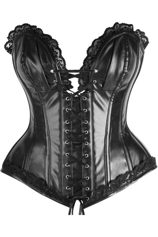 Top Drawer Black Faux Leather & Lace Trim Steel Boned Corset