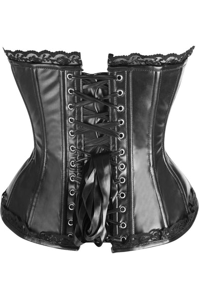 Top Drawer Black Faux Leather & Lace Trim Steel Boned Corset