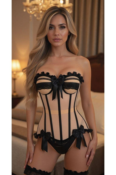 Top Drawer Steel Boned Nude & Black Mesh Underwire Bustier Corset