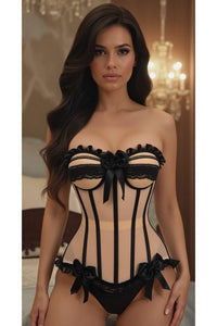 Top Drawer Steel Boned Nude & Black Mesh Underwire Bustier Corset