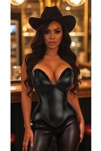 Top Drawer Steel Boned Black Faux Leather Plunge Neckline Overbust Corset