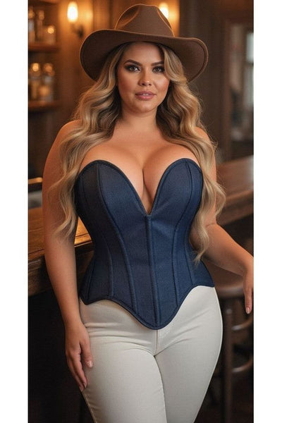 Top Drawer Steel Boned Dark Blue Denim Plunge Neckline Overbust Corset