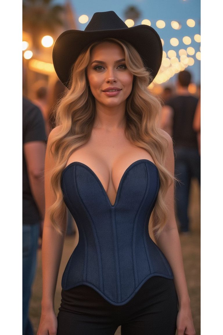Top Drawer Steel Boned Dark Blue Denim Plunge Neckline Overbust Corset