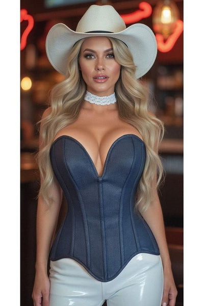 Top Drawer Steel Boned Dark Blue Denim Plunge Neckline Overbust Corset