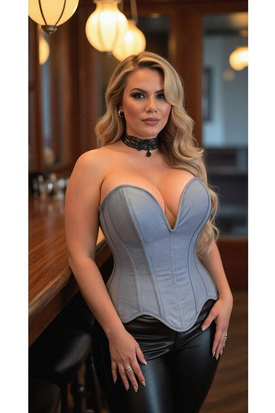 Top Drawer Steel Boned Light Blue Denim Plunge Neckline Overbust Corset