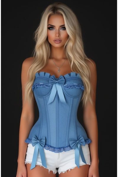 Top Drawer Blue Denim Underwire Steel Boned Burlesque Corset w/Bows