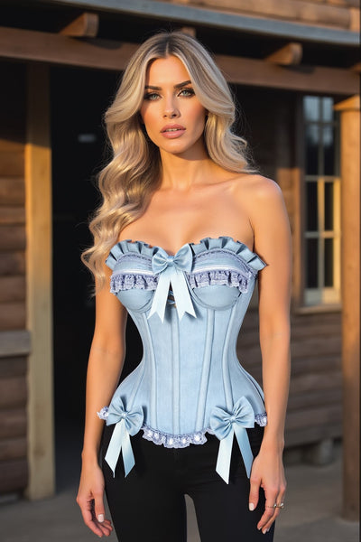 Top Drawer Light Blue Denim Underwire Steel Boned Burlesque Corset w/Bows