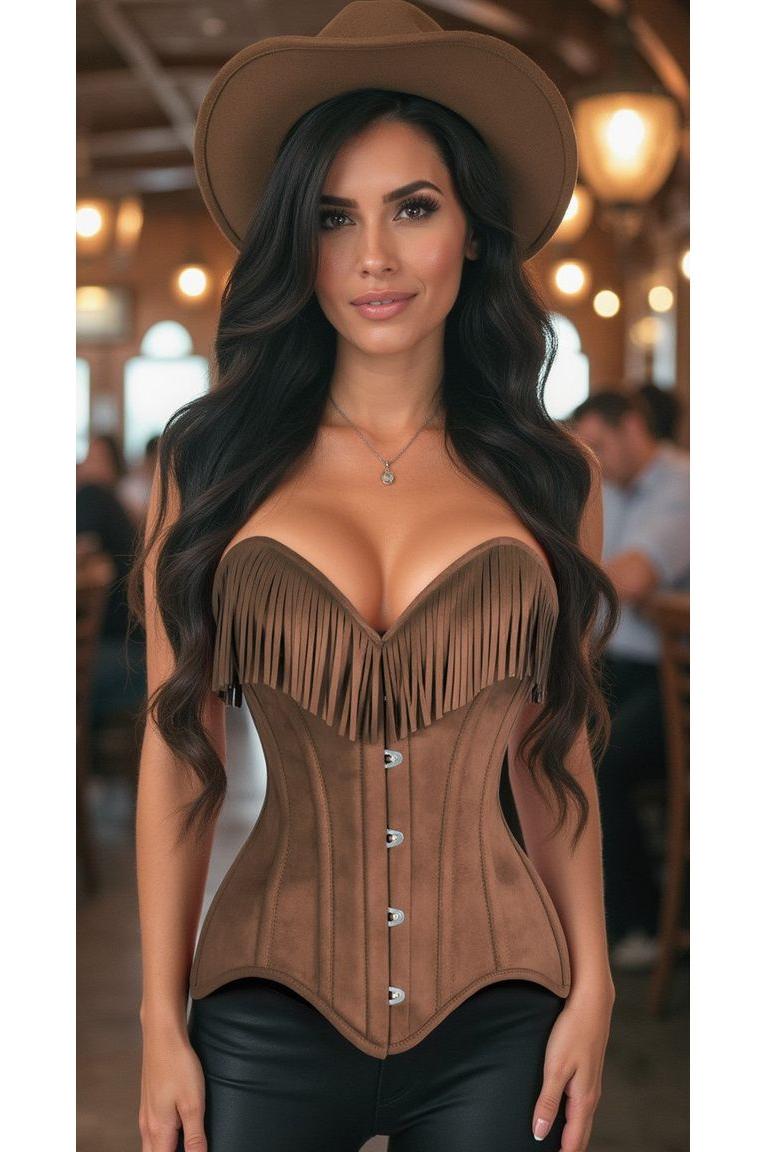 Top Drawer Tan Suede Steel Boned Overbust Corset w/Fringe