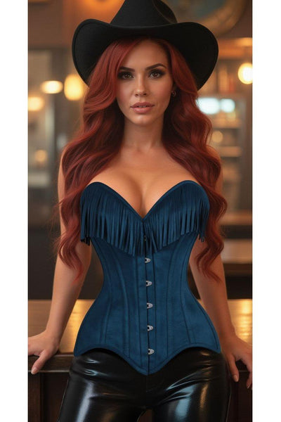 Top Drawer Blue Suede Steel Boned Overbust Corset w/Fringe