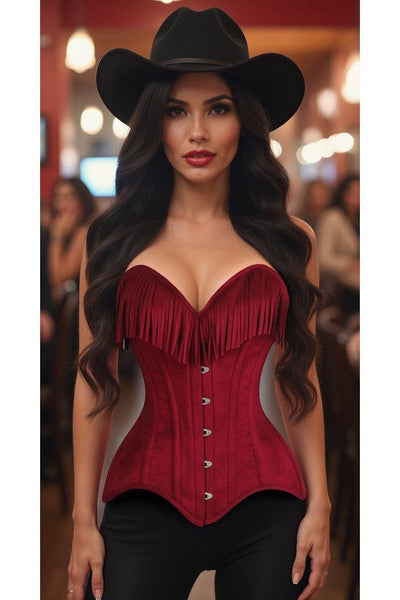 Top Drawer Red Suede Steel Boned Overbust Corset w/Fringe
