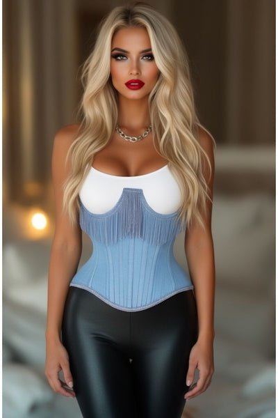 Top Drawer Steel Boned Light Blue Denim Underwire Underbust Corset Cincher w/Fringe