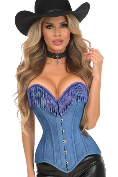 Top Drawer Blue Denim Steel Boned Overbust Corset w/Fringe