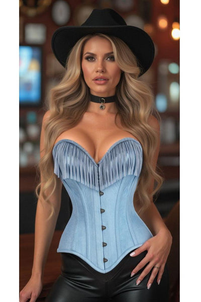Top Drawer Light Blue Denim Steel Boned Overbust Corset w/Fringe
