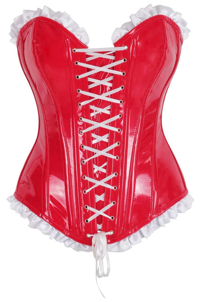 Top Drawer 2 PC Steel Boned Red Vinyl Patent Corset & Striped Bloomers Set